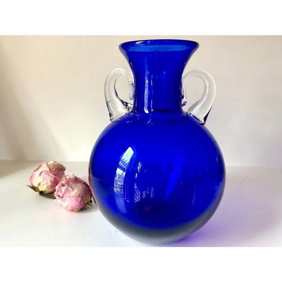 Vintage Blenko Vase Urn Cobalt Blue Glass Applied Clear Glass Handles Handmade H - Picture 1 of 2